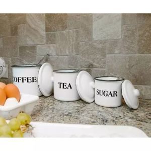 Storied Kitchen Set of 4 'Coffee Tea Sugar' Metal Canisters with Lids